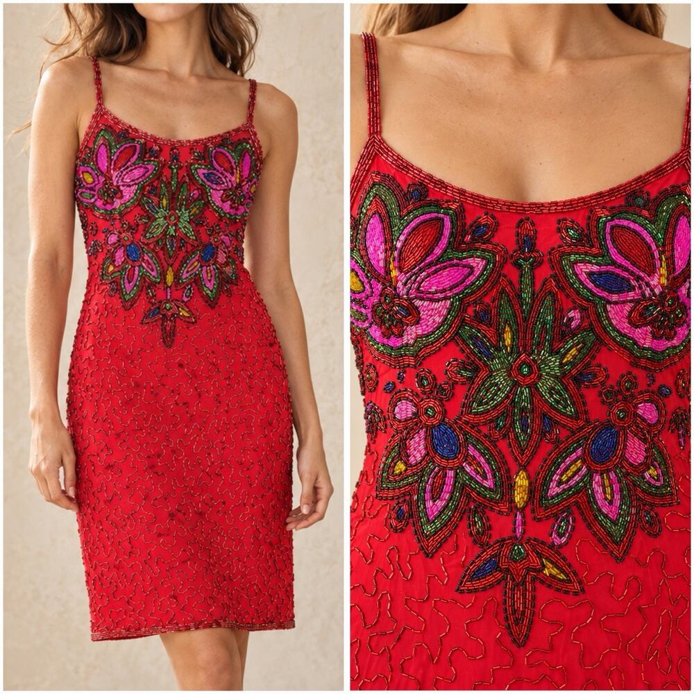 Vintage Kathryn Conover 100% Silk Beaded Floral Cocktail Dress Red Size 8